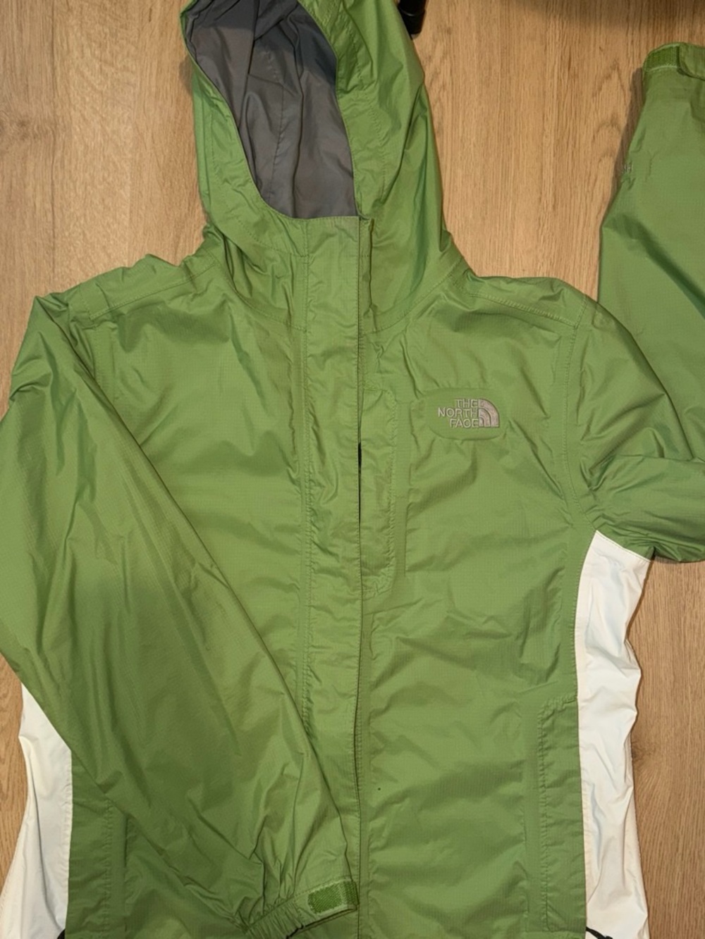 The North Face Olive Green Hooded Rain Jacket with White Side Panels